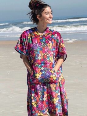 Natural Life Hooded Cover Up OS Pullover Poncho Floral Hippie Beach Swim Terry